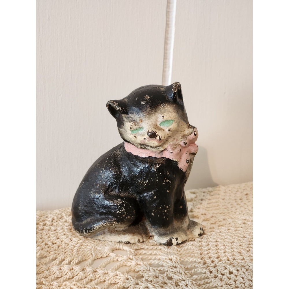 Cast Iron Cat Hubley Kitten with Pink Bow Mini Figurine Vintage Antique Cottage